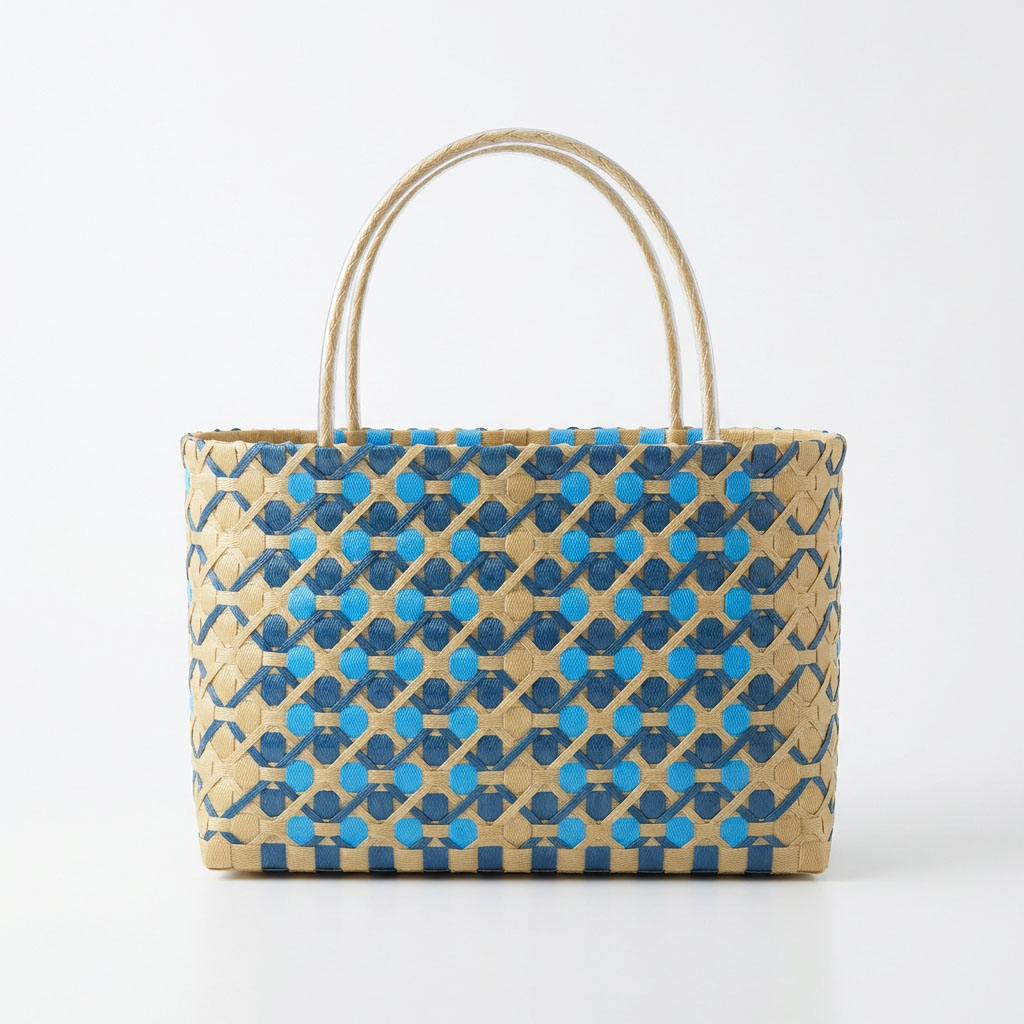 PPバンドのプラカゴ バッグ 青色 花柄 縦型 ハンドメイド -KOMUTEN こむてん-