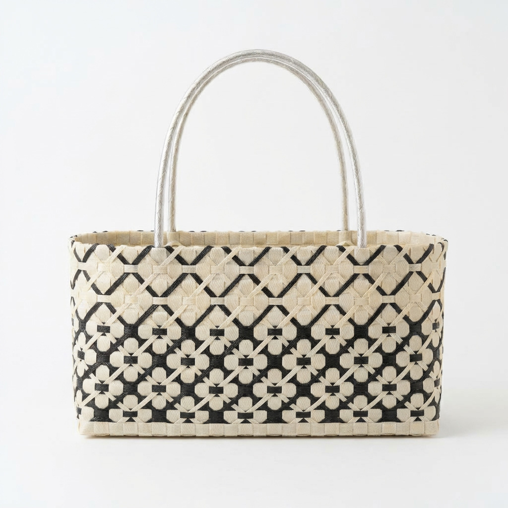 PPバンドのプラカゴ バッグ ベージュ 花柄 横 ハンドメイド -KOMUTEN こむてん-